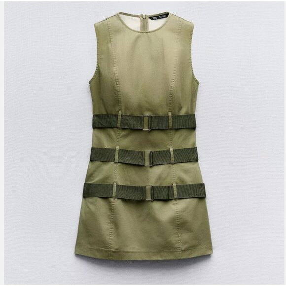 Zara Short Waxed Dress With Belts Cargo Military Green S 5427/301 New - Picture 10 of 12